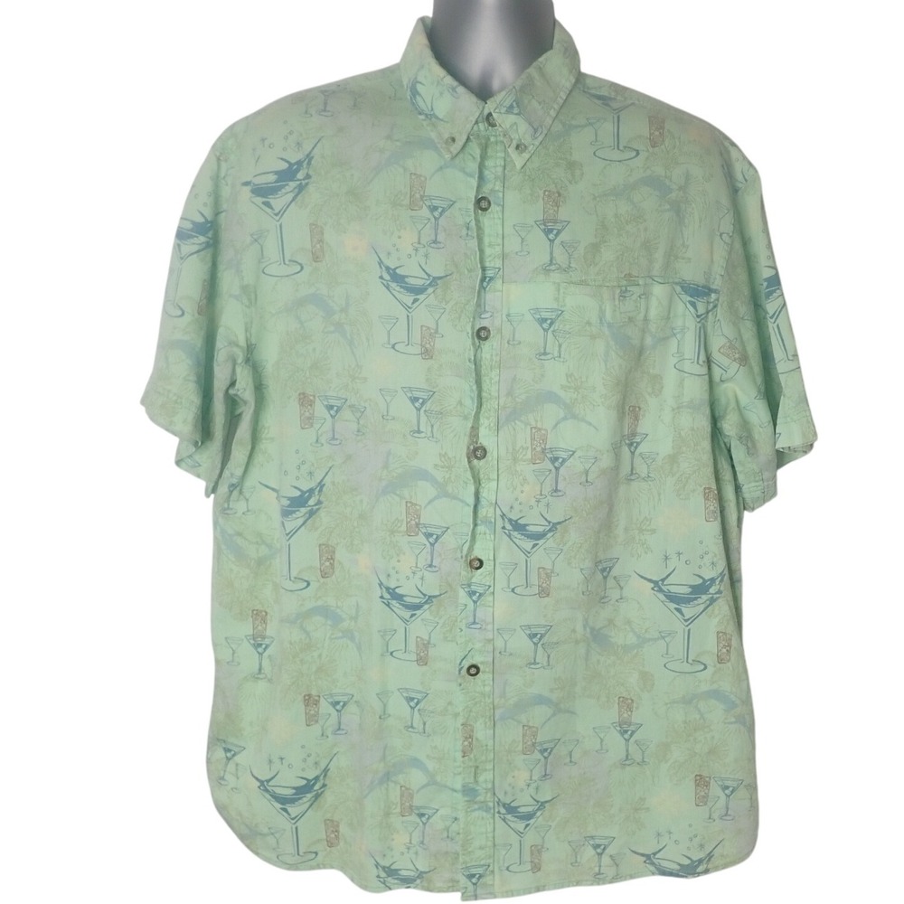 Columbia‎ River Lodge Vented Fishing Shirt Mens XL Green Cocktails Martini Fish